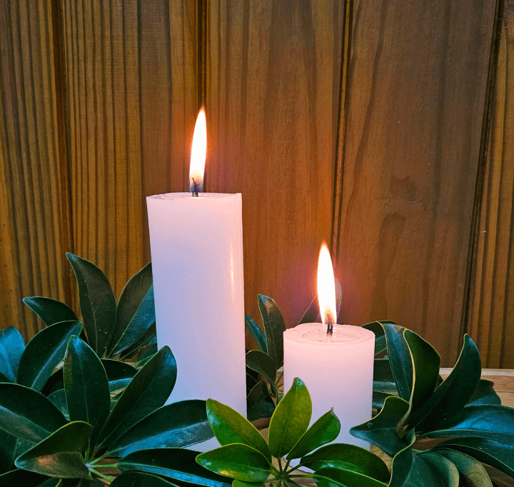Imagem de duas velas acessas em meio a plantas e um fundo de madeira.